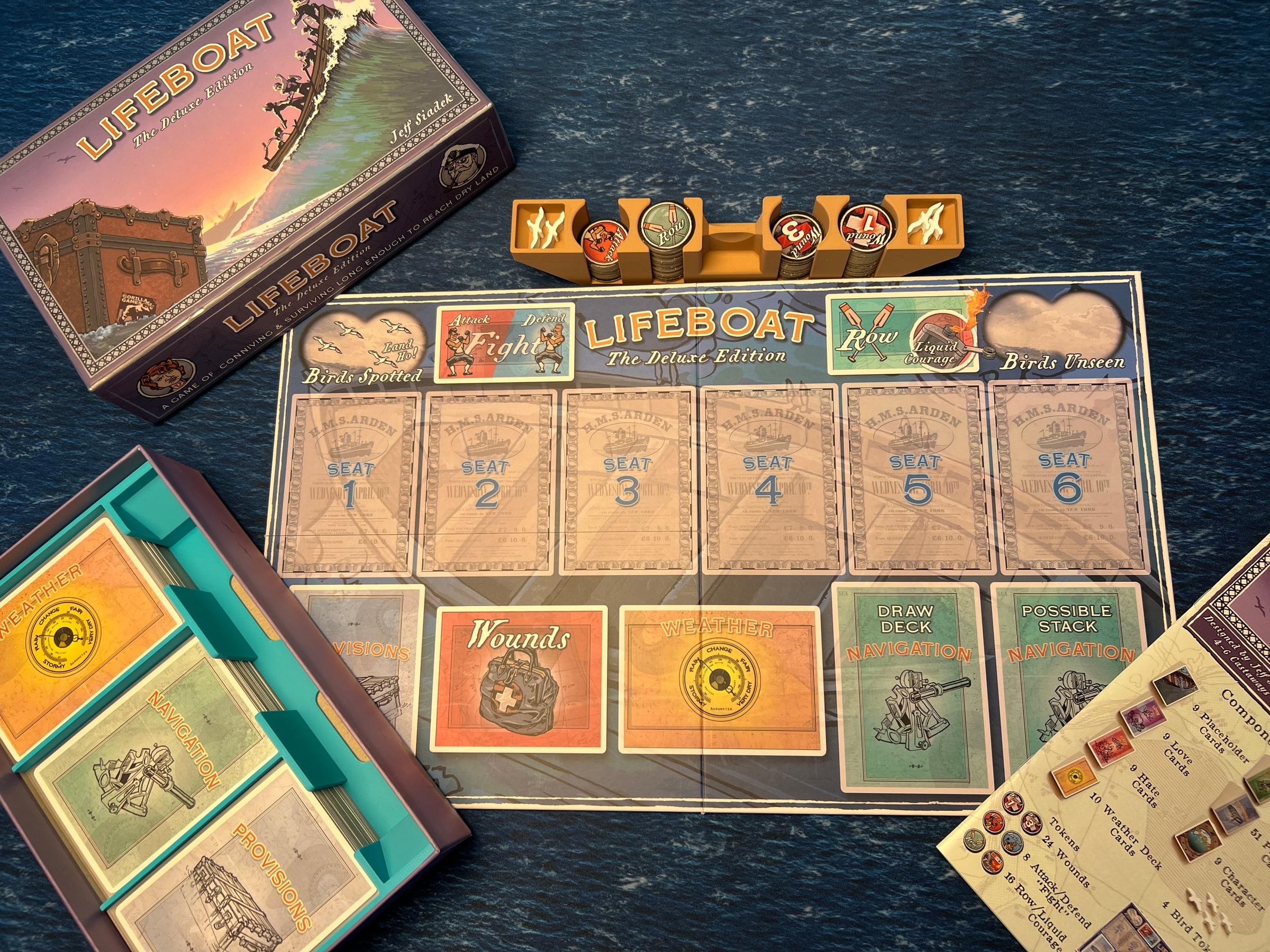 Lifeboat Deluxe on the table with a 3D-printed token rack and card tray I designed for it independently.